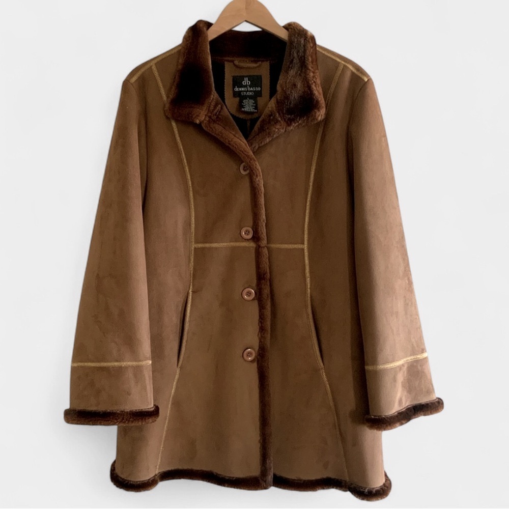 Dennis Basso VTG Faux Suede / Fur Mid-Length Brown Coat Jacket Womens Size Large - Picture 2 of 16